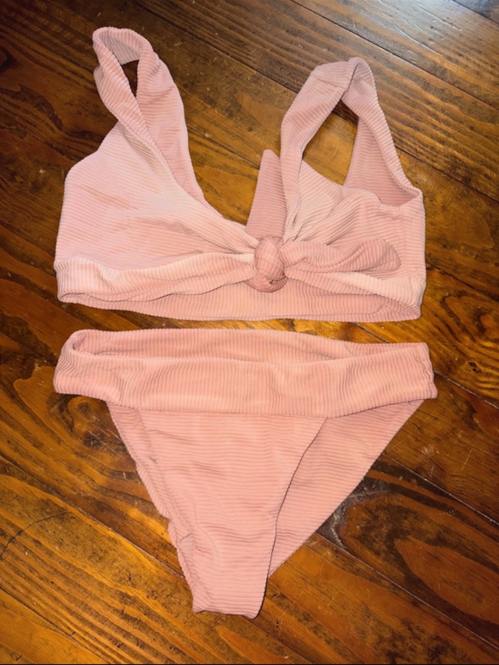 Ribbed Pink Knot-Front Women's Bikini Set